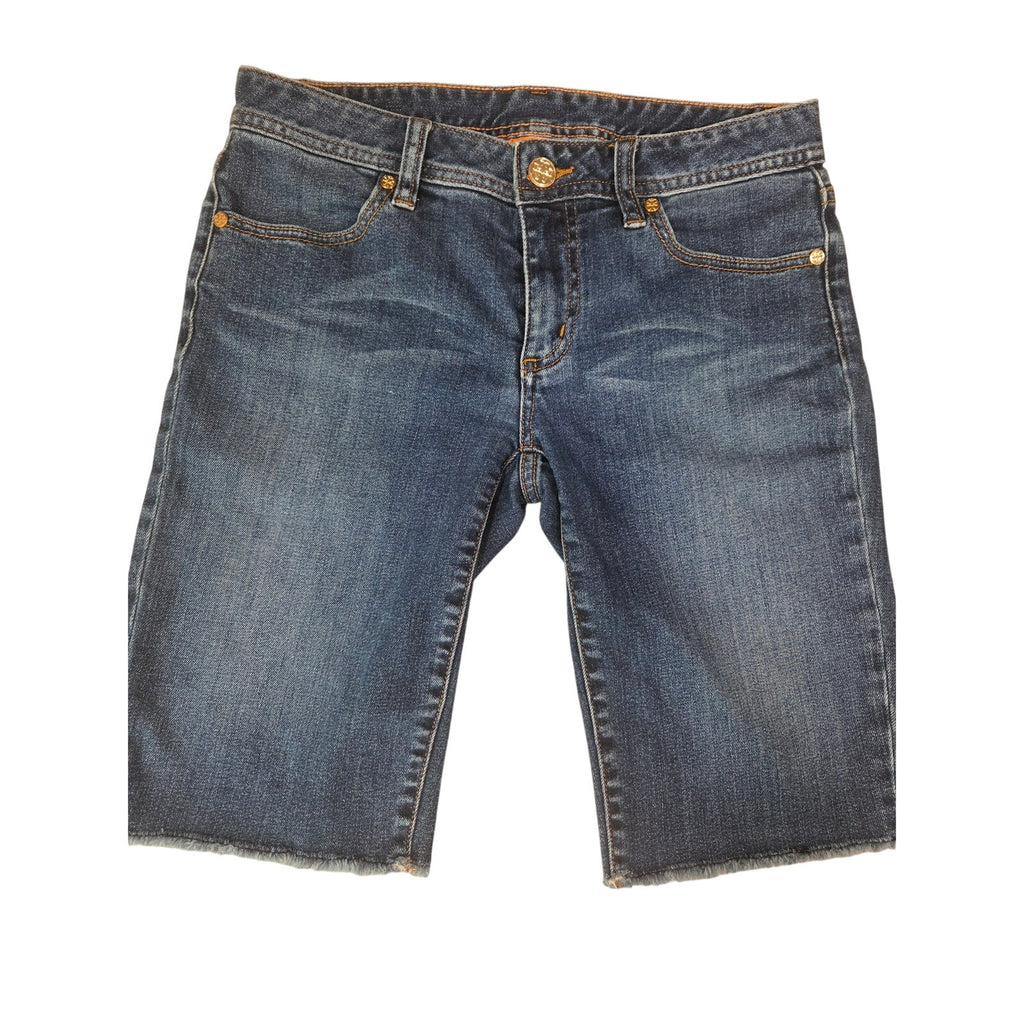 Tory Burch Denim Mid Shorts Size 27 Blue Stretch Frayed Hem