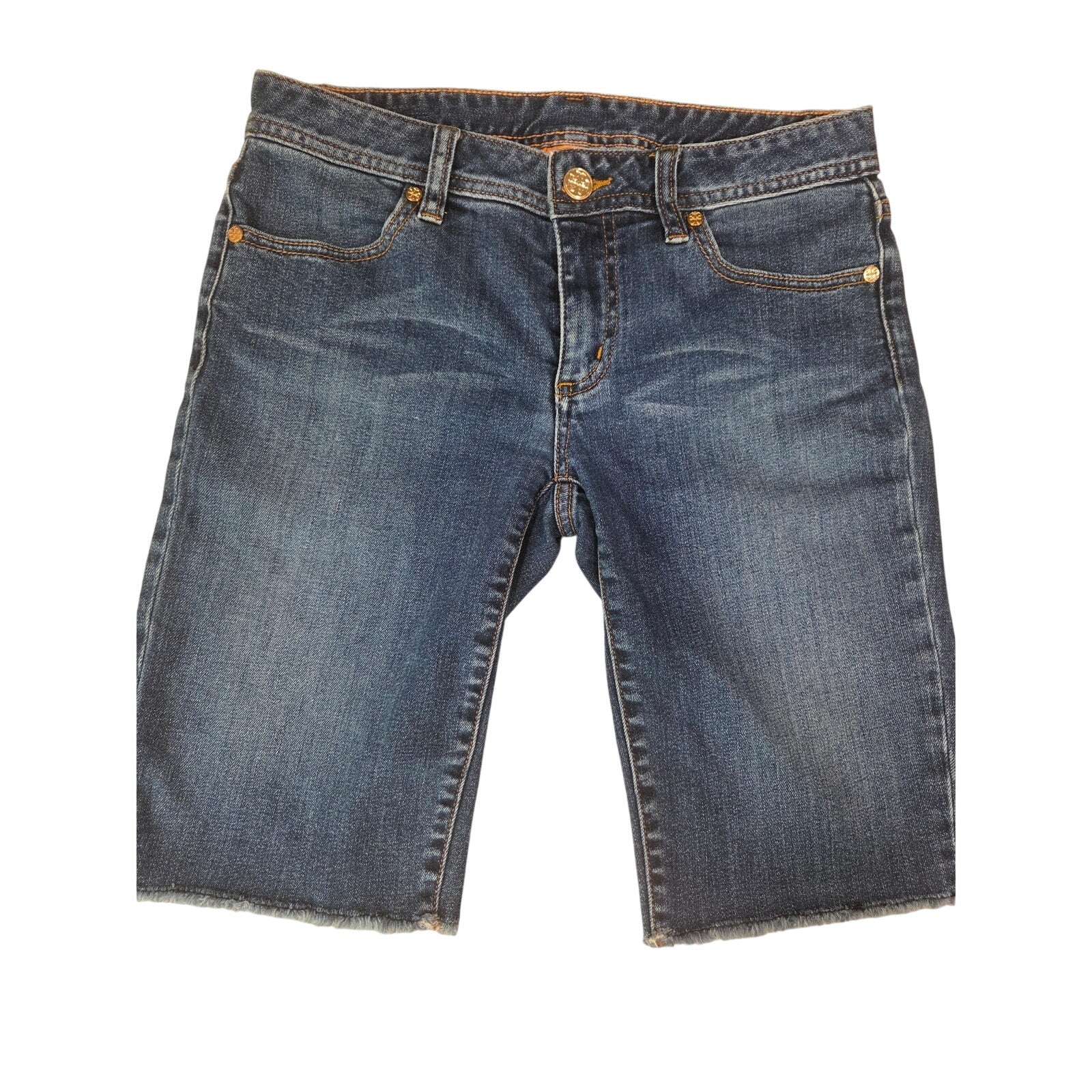 Tory Burch Denim Mid Shorts Size 27 Blue Stretch Frayed Hem