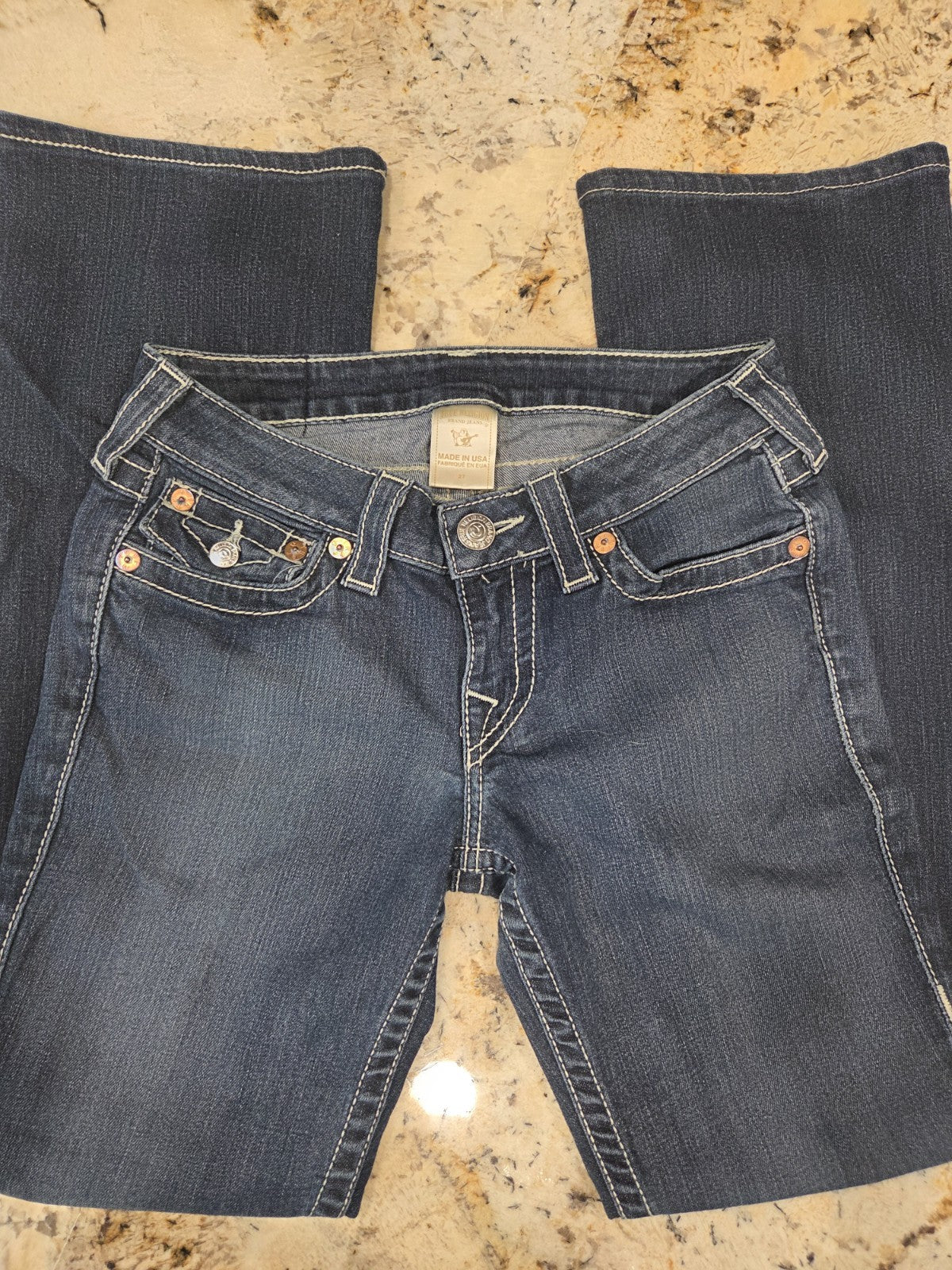 True Religion Women's Bootcut Blue Jeans With White Embriodery And Stitching2