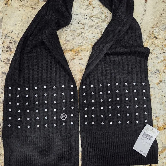 NWT Michael Kors Ribbed Knit Scarf with Silver Tone Logo & Ebellishments3