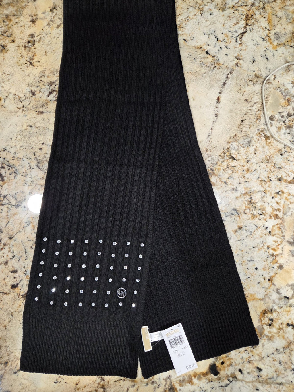 NWT Michael Kors Ribbed Knit Scarf With Silver Logo & Embellishments0