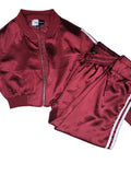 Women's Red Satin Jogger Set, Cropped Bomber Jacket With Matching Pants Size S0