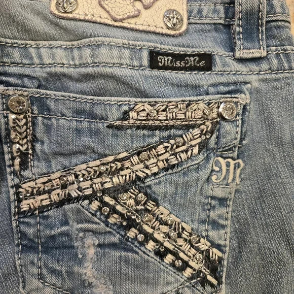 Miss Me Light Blue Denim Shorts with Embellishments Size 31 Mid Rise1