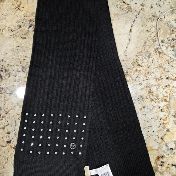 NWT Michael Kors Ribbed Knit Scarf with Silver Tone Logo & Ebellishments0