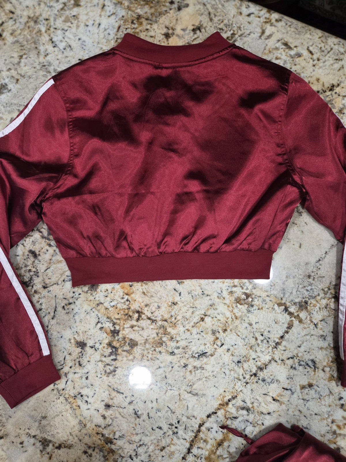 Women's Red Satin Jogger Set, Cropped Bomber Jacket With Matching Pants Size S3