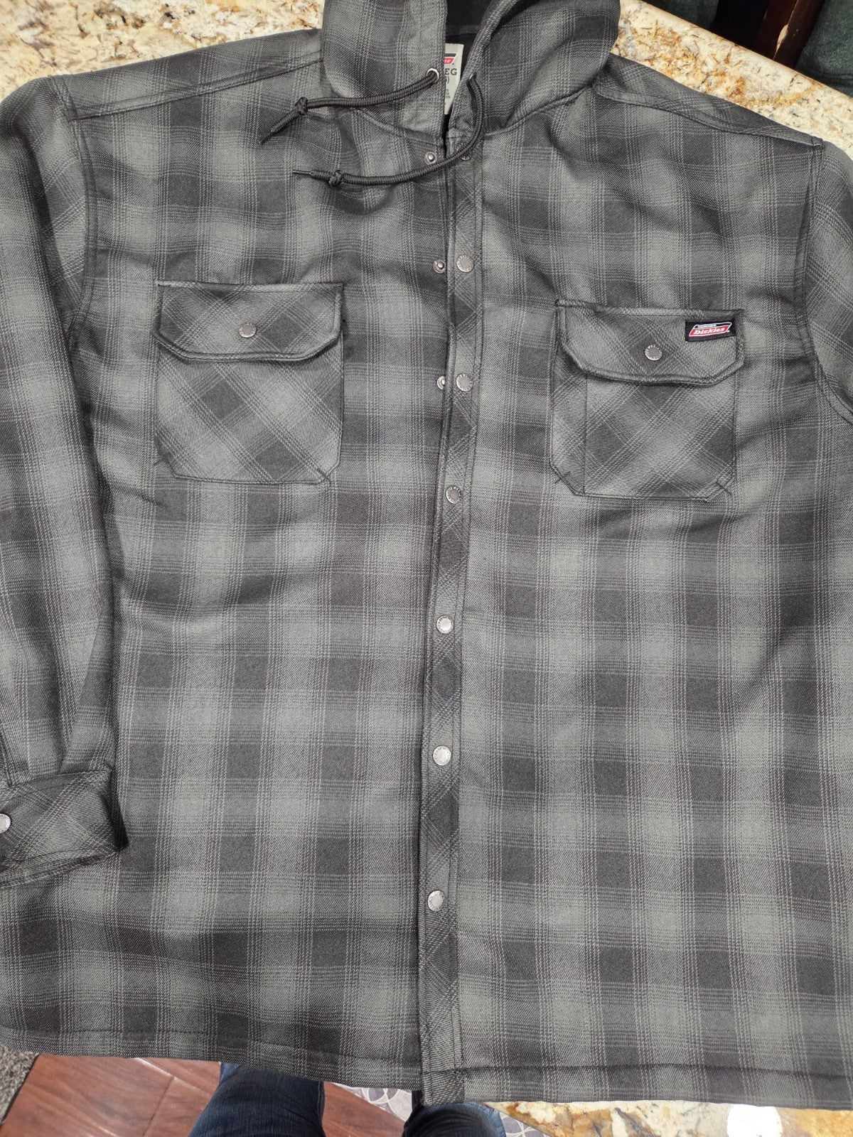 NWOT Dickies Men's Water Repellent Hooded Flannel Shirt Jacket Size 3XL Gry/Blk0