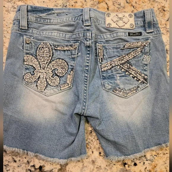 Miss Me Light Blue Denim Shorts with Embellishments Size 31 Mid Rise0