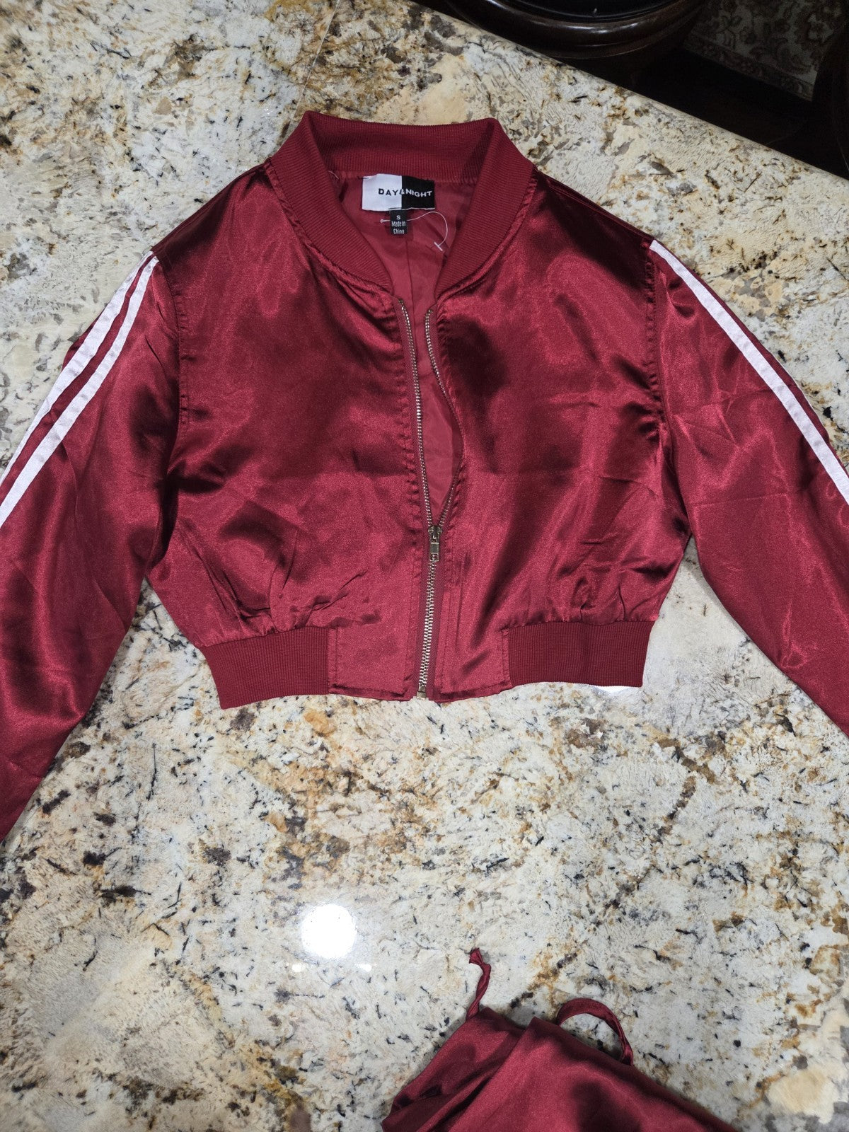 Women's Red Satin Jogger Set, Cropped Bomber Jacket With Matching Pants Size S2