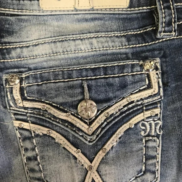 Miss Me Blue Denim Shorts with White Embroidery Women's Size 293