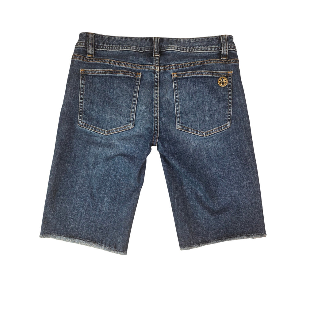 Tory Burch Denim Mid Shorts Size 27 Blue Stretch Frayed Hem