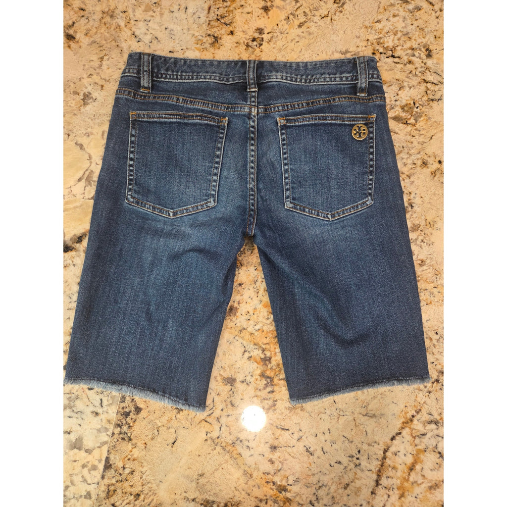 Tory Burch Denim Mid Shorts Size 27 Blue Stretch Frayed Hem