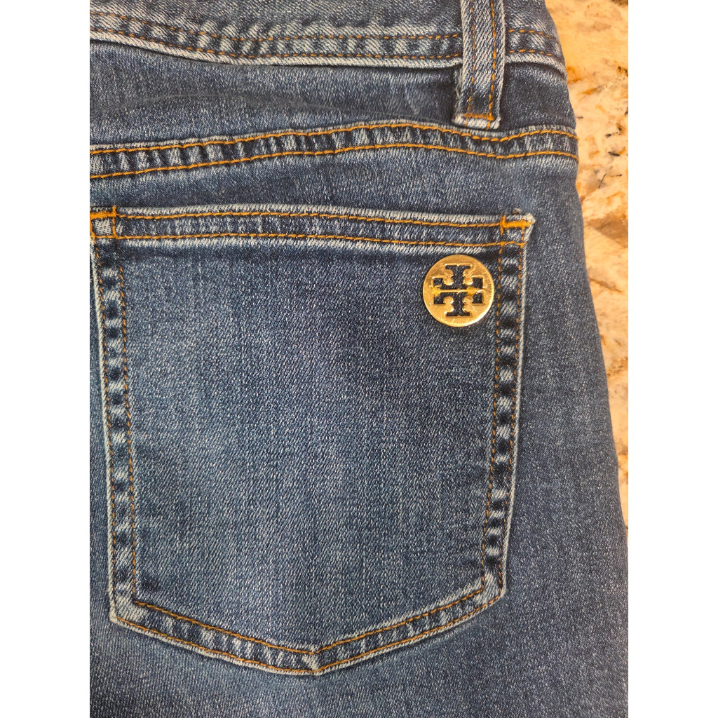Tory Burch Denim Mid Shorts Size 27 Blue Stretch Frayed Hem