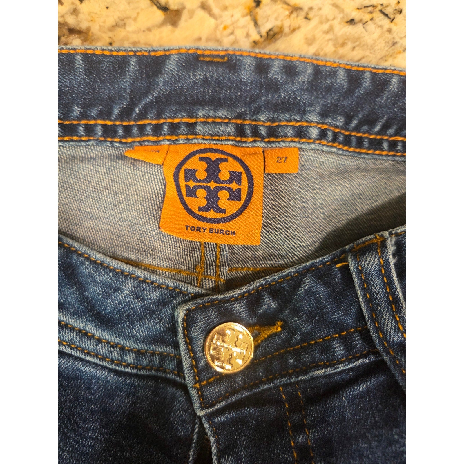 Tory Burch Denim Mid Shorts Size 27 Blue Stretch Frayed Hem
